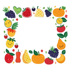 Colorful fruits border frame white background