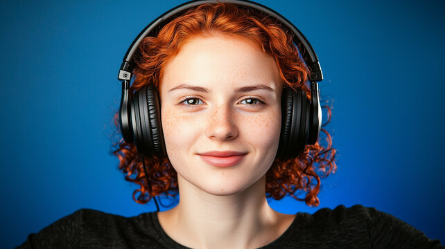  illustration portrait of beautiful ginger curly haired woman in headphones looking at camera
