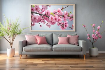 Gray Sofa Pink Pillows Cherry Blossom Framed Photo