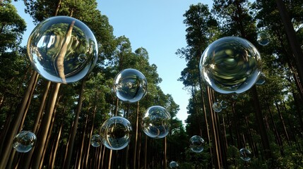 A serene forest scene featuring large, translucent bubbles floating among the trees under a clear blue sky.