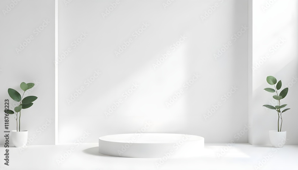 Poster a minimalistic background with a podium and a white backdrop for product presentation. 3d rendering 