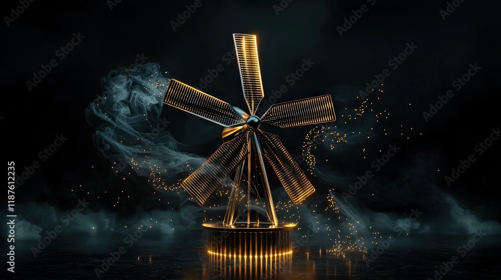 Poster a luminous windmill stands against a dark backdrop, with sparkling elements and swirling mist, creat