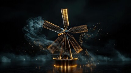 Obraz premium A luminous windmill stands against a dark backdrop, with sparkling elements and swirling mist, creating a captivating and magical atmosphere.