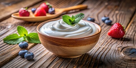 Greek Yogurt on Wooden Board - High Depth of Field Food Photography