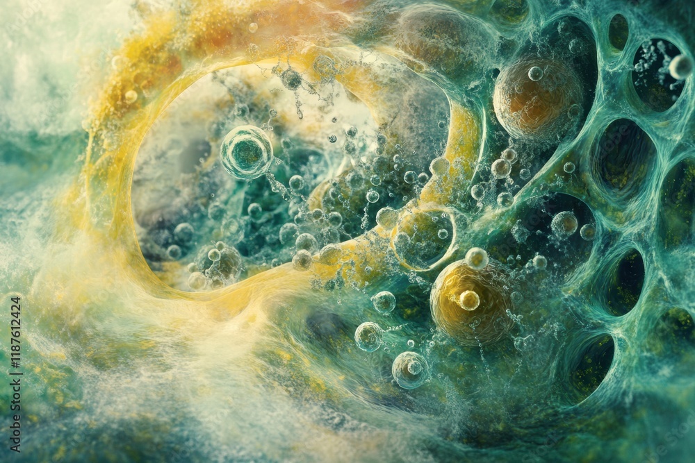 Poster swirling bacteria and microbes create dynamic movement through a fluid medium in vibrant colors and 