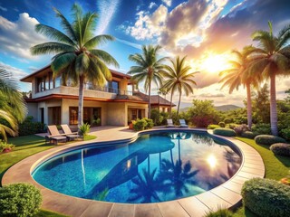 Panoramic Sunny Day Poolside Shaped House Palm Trees Luxury Villa Architecture Photography