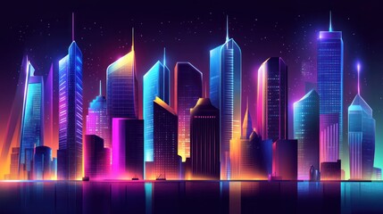 A futuristic glass cityscape with intricate skyscrapers, glowing in vibrant neon hues 