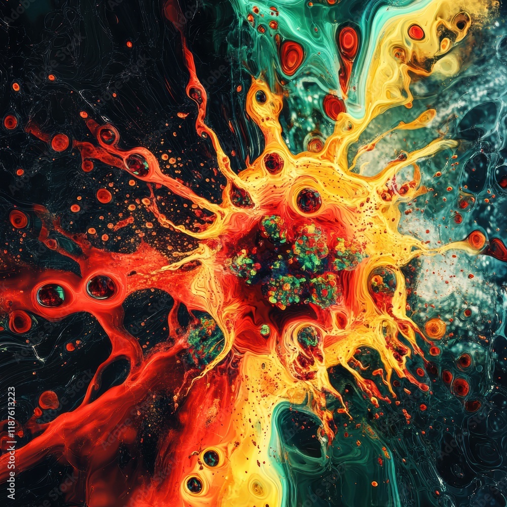 Poster Vivid depiction of a virus undergoing transformation and mutation in an abstract setting with dynamic colors. Generative AI