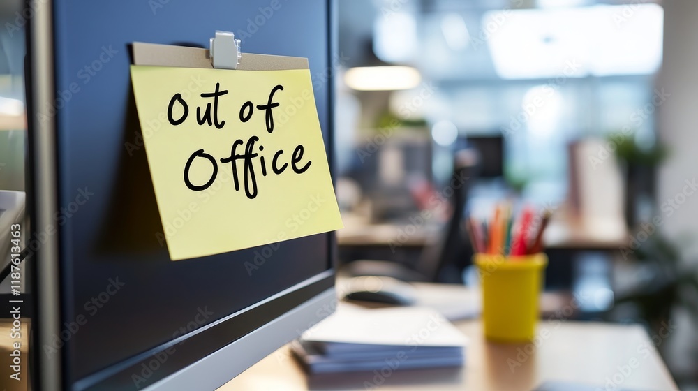 Poster out of office sign on computer monitor in modern workplace setting
