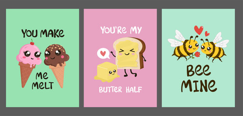 Cute love cartoony greeting cards . Funny vector illustrations.	