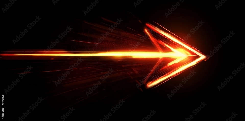 Poster glowing red arrow on black background representing speed and direction