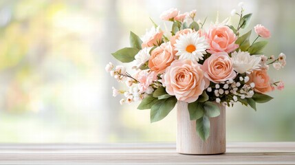 Obraz premium A dreamy arrangement of roses, peonies, and daisies, set in a rustic vase for a Valentine's Day ambiance.