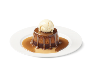 Sticky Toffee Pudding, moist date sponge cake drenched in toffee sauce, served with vanilla ice cream, British comfort dessert, rich