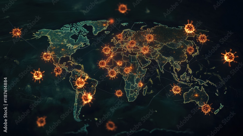 Aufkleber global map showcasing regions impacted by viral outbreaks with highlighted zones of spread. generati