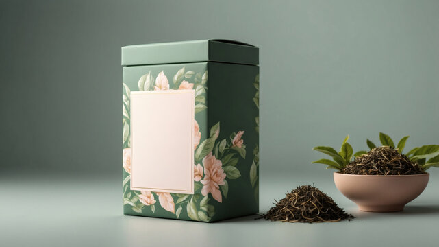 Elegant floral tea box packaging mockup with loose leaf tea.  Perfect for branding and design inspiration.