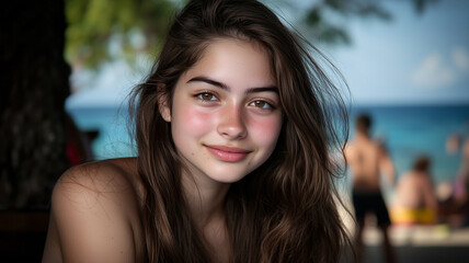 Fototapeta premium Serene young woman enjoying Thailand beach resort. 