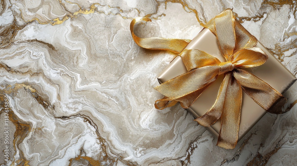 Wall mural A deluxe gold gift box wrapped in a shiny gold ribbon, displayed on a clean 3D white background, captured in realistic high-definition detail.