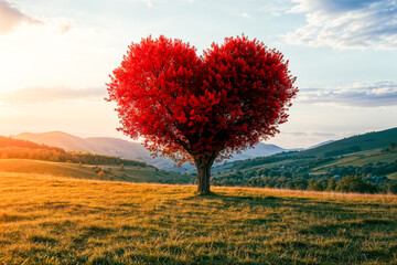 No Dia dos Namorados, uma paisagem aberta com uma &uacute;nica &aacute;rvore vermelha em formato de cora&ccedil;&atilde;o, destacando o amor vibrante e &uacute;nico
