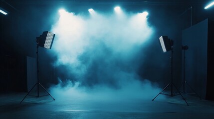 Dramatic blue stage with smoke and spotlight effects