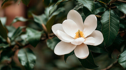 Obraz premium A solitary magnolia bloom opens with grace, its white petals and rich green leaves creating a vivid contrast against a blurred natural background. 