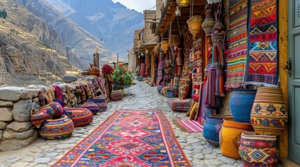 Colorful Rugs and Textiles Line Mountain Village Street