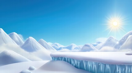 A majestic winter mountain scene with snow-covered peaks, icy cliffs, and a bright sun shining against a clear blue sky.
