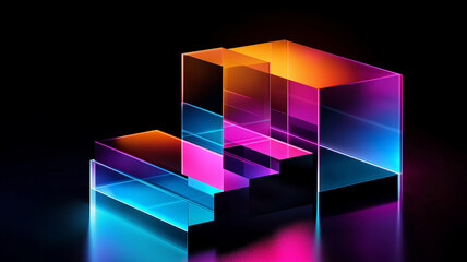 abstract illustration of geometric shapes and structures in colorful neon colors and lights in cyberspace against dark background
