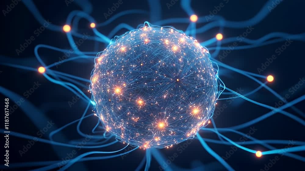 Poster glowing neural network sphere interconnected ai nodes and data streams showcase technology and colla
