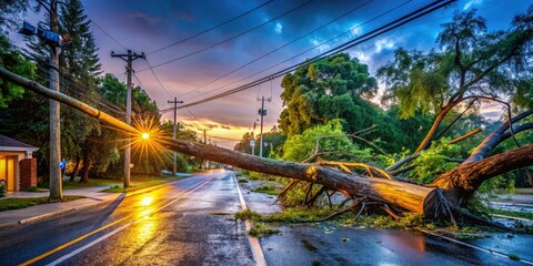 Naklejka premium Hurricane Aftermath: Damaged Tree, Power Lines, and Road