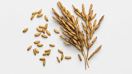 Golden brown rice grains and stalks arranged on white background