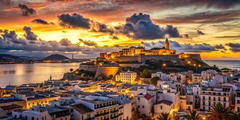 Naklejka premium Ibiza Twilight Landscape, Eivissa Town, Spain AI Photo