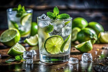 Fototapeta premium Iced Lime Water, Refreshing Drink, Glass, Ice Cubes, Summer, Photography