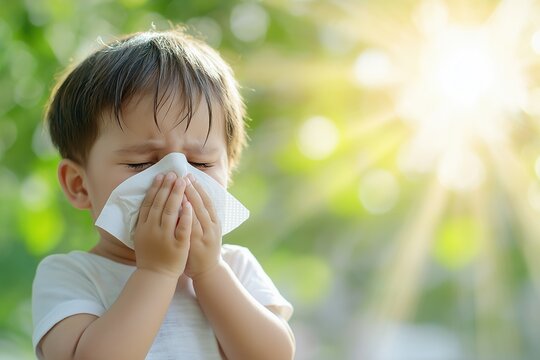 A child sneezing into a tissue while standing outdoors in bright sunlight, surrounded by greenery, illustrating seasonal allergies and pollen sensitivity