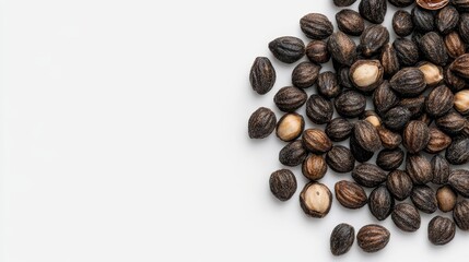 Obraz premium Pile of roasted black macadamia nuts on white background