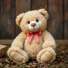 Obraz premium Adorable beige teddy bear with a coral bow sitting outdoors.