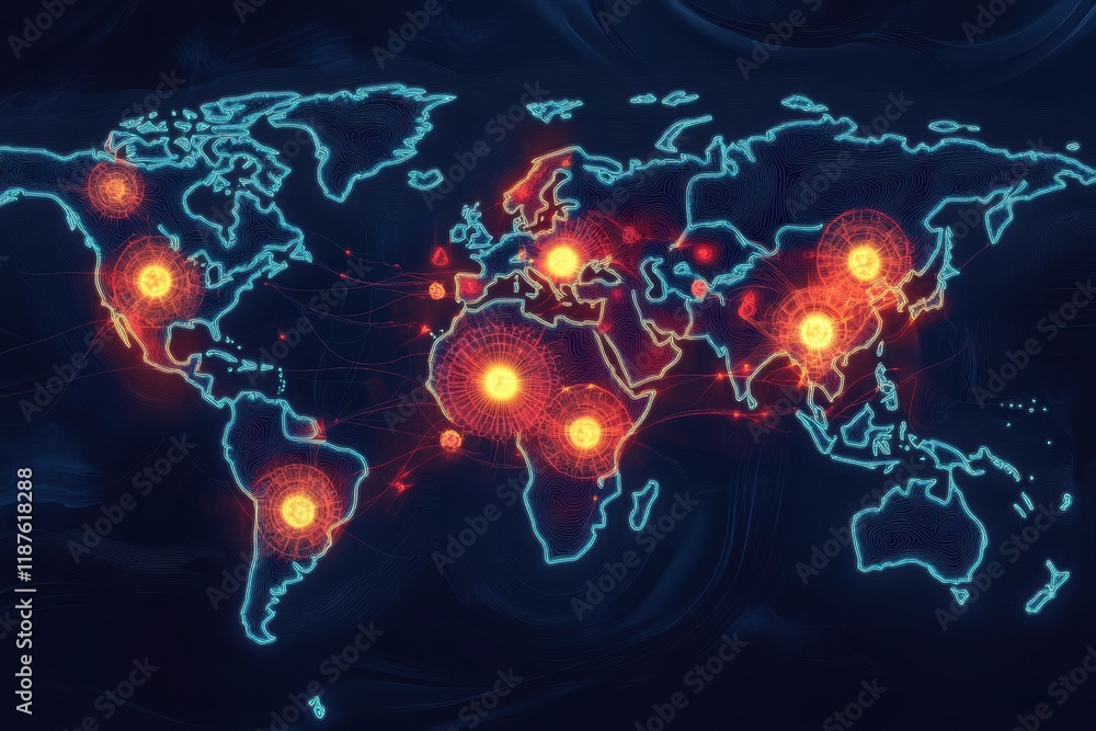 Aufkleber world map highlighting zones of viral spread with concentration areas across continents and regions.