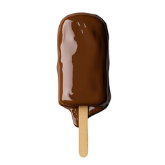 Glossy Chocolate-Covered Ice Cream Bar on Wooden Stick. Isolated on Transparent Background. Cutout. PNG.