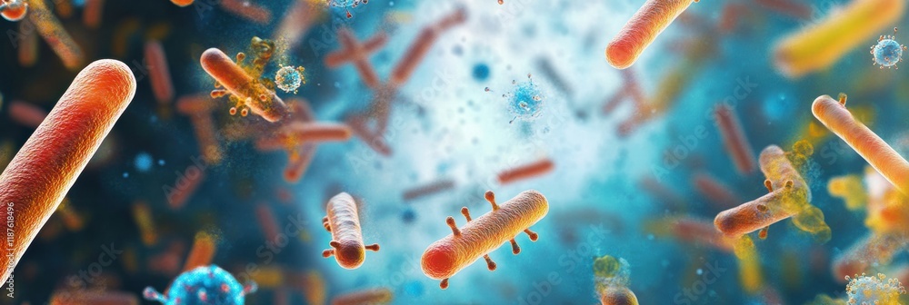 Poster swirling bacteria and microbes move dynamically through a vibrant liquid environment. generative ai