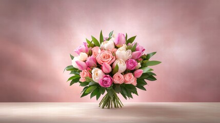 A romantic bouquet of fresh roses and peonies, captured with soft lighting for a Valentine's Day setting.