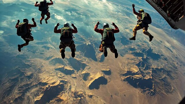 Skydivers leap from an aircraft for an exhilarating descent over scenic landscapes, A group of skydivers jumps out of a plane to explore the aerial landscape