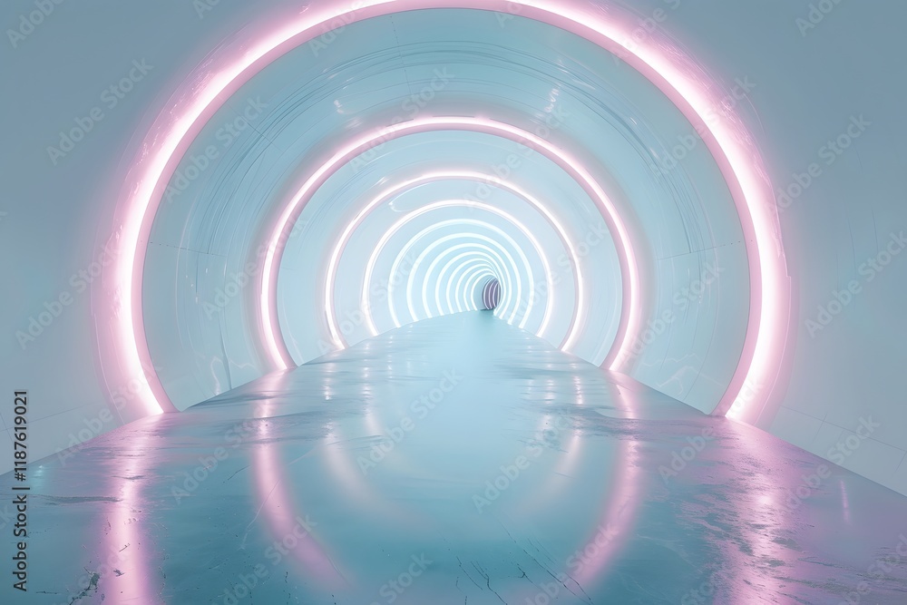 Poster digital rendering of a futuristic tunnel with concentric neon lighting