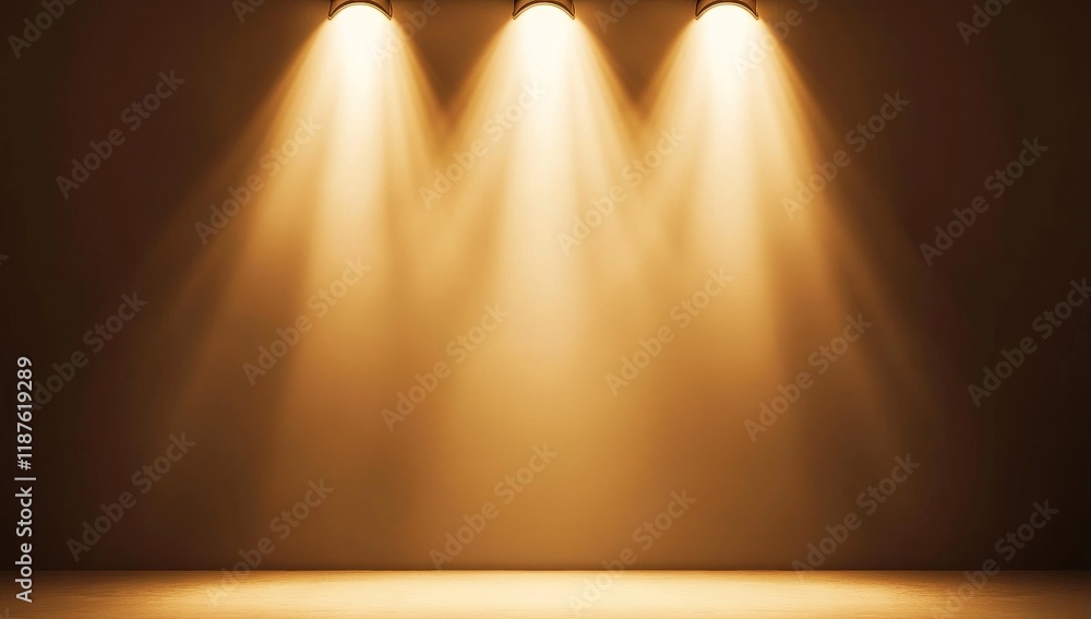 Poster warmly lit empty stage with three overhead spotlights creating dramatic shadows