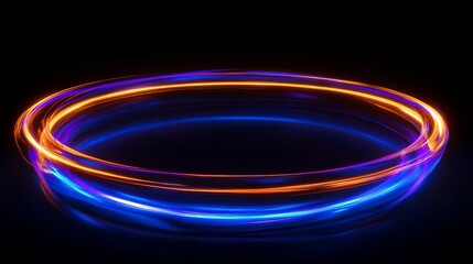 Glowing blue and orange light trails in circular motion against black background