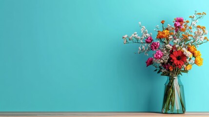 Vibrant floral bouquet in glass vase against turquoise background © Atmospheric stock