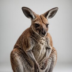 Fototapeta premium A kangaroo in a seated position, tail wrapped around its body, against a white background.
