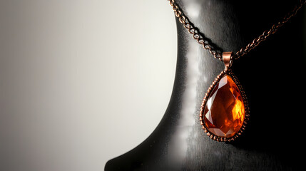 Front view of a sunstone pendant necklace with a hammered copper setting on a black bust isolated on a white transparent background. Sunstone. Illustration