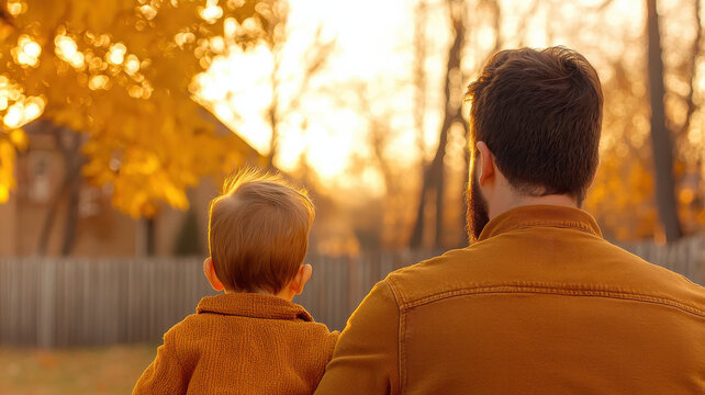 Child's First Step, child and father enjoying sunset in warm autumn setting
