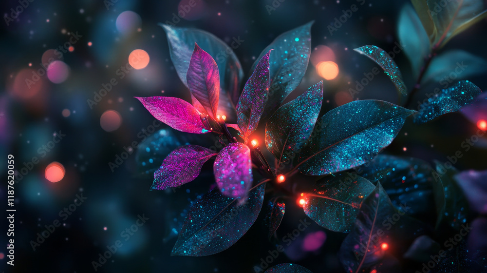 Poster stunning display of colorful leaves illuminated by soft lights, creating magical atmosphere