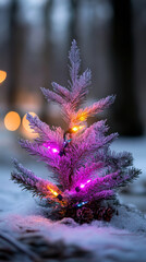 vibrant Christmas tree with colorful lights in snowy landscape