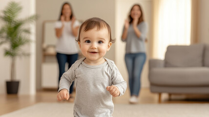 Child's First Step, toddler taking first steps in sunlit living room, joyful moment